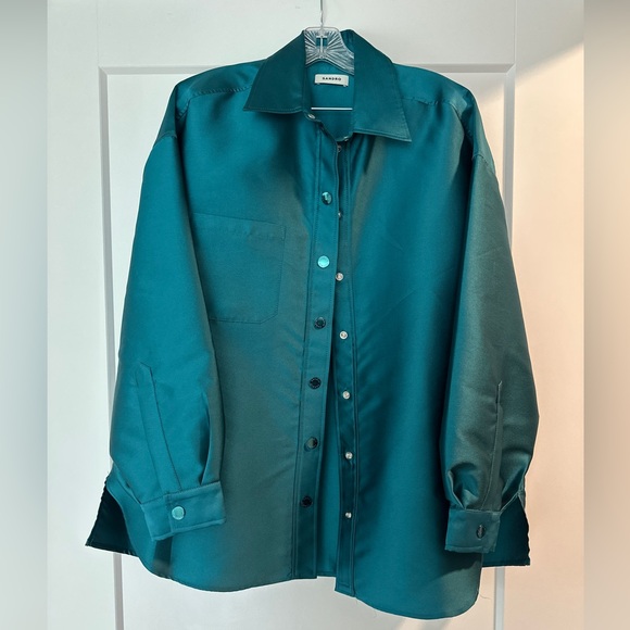 Sandro Teal Satin Button-Front Shirt